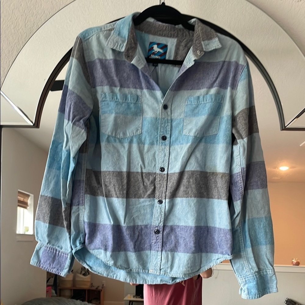Modern Amusement Blue and Gray Striped Button Down Shirt